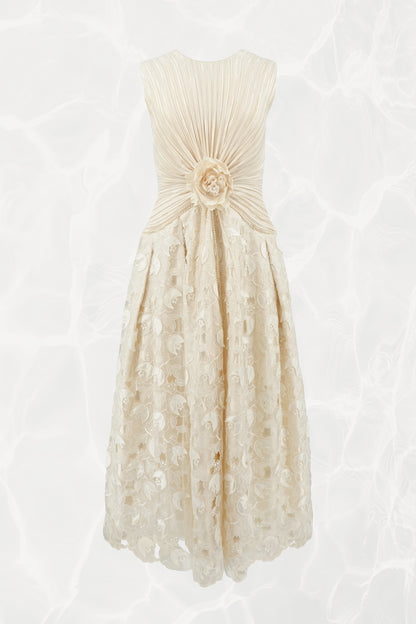 Vintage 1990s Ivory Pleated Bodice Satin Appliqué Ball Gown