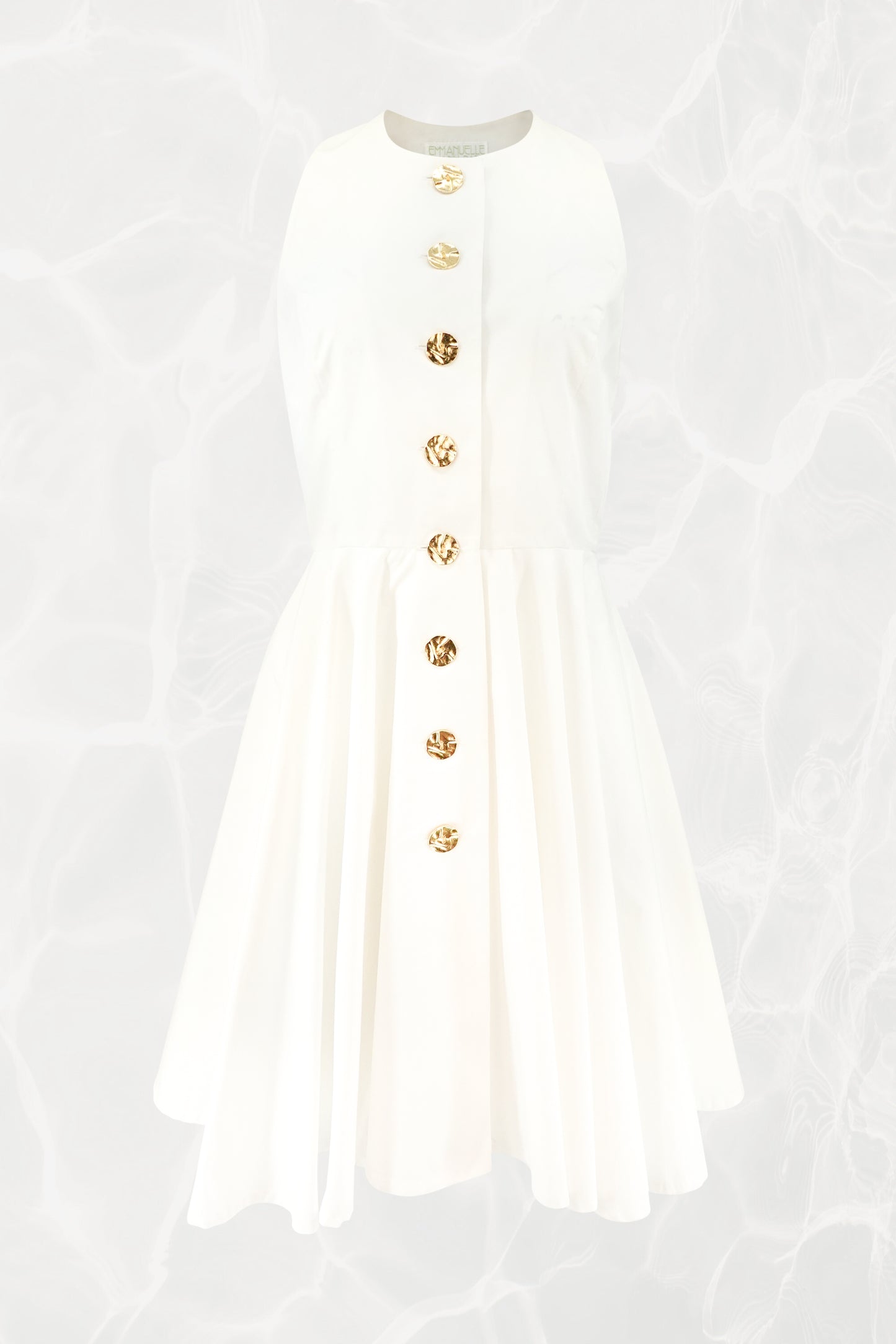 1990's White Poplin Sleeveless Gold Button-Front Flare Dress