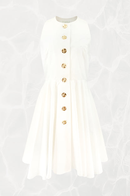 1990's White Poplin Sleeveless Gold Button-Front Flare Dress