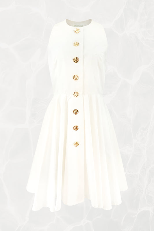 1990's White Poplin Sleeveless Gold Button-Front Flare Dress