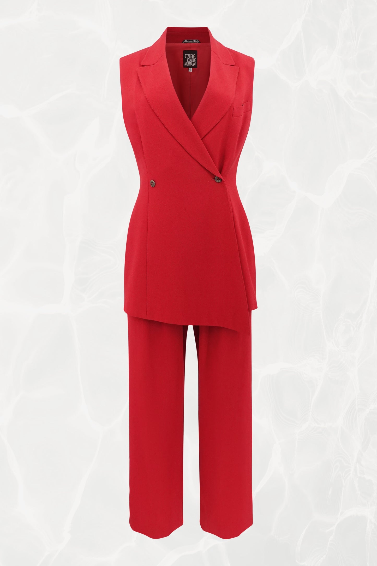 Red Sleeveless Asymmetrical Crepe Suit Set, C. Late 90s–early 2000s
