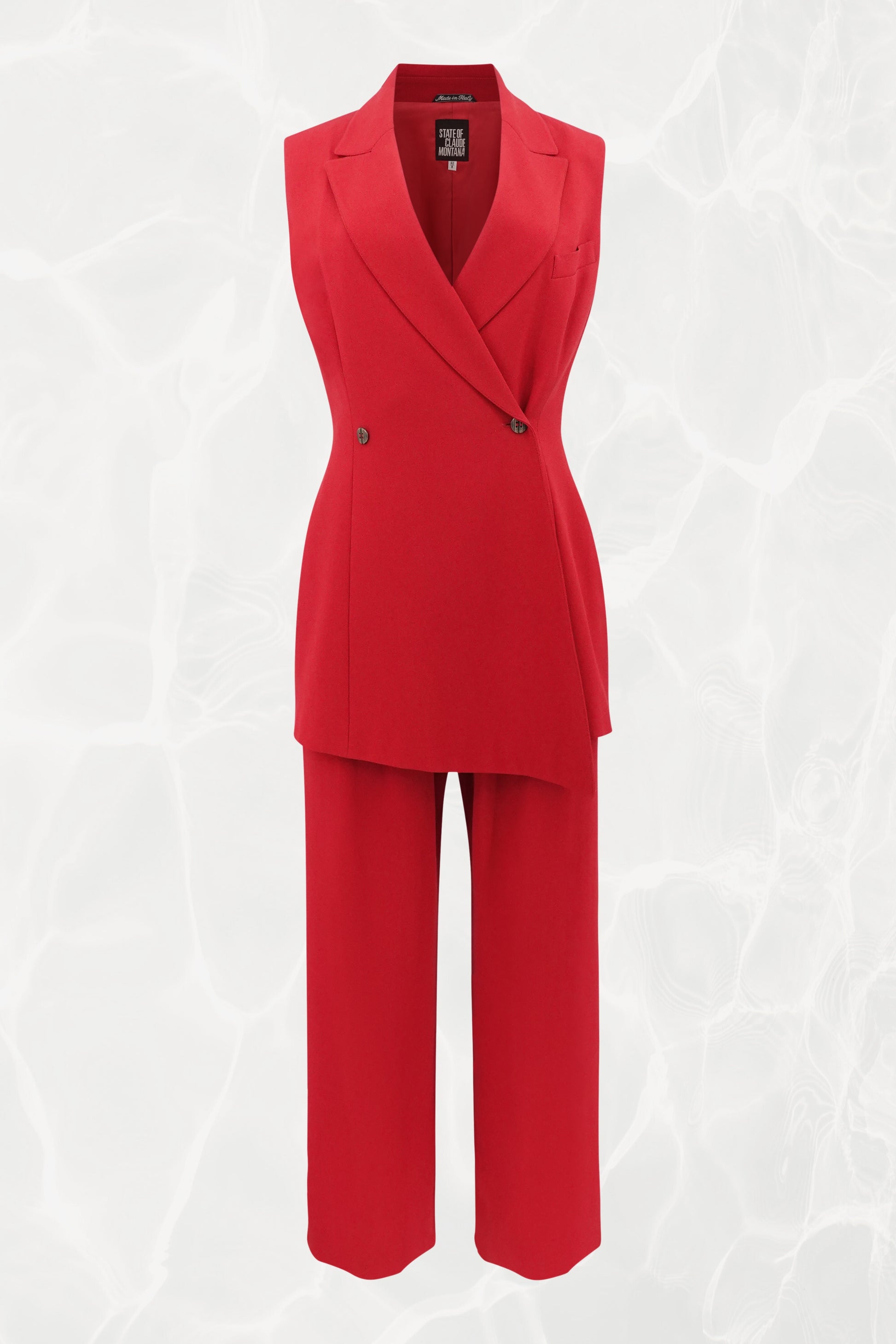 Red Sleeveless Asymmetrical Crepe Suit Set, C. Late 90s–early 2000s