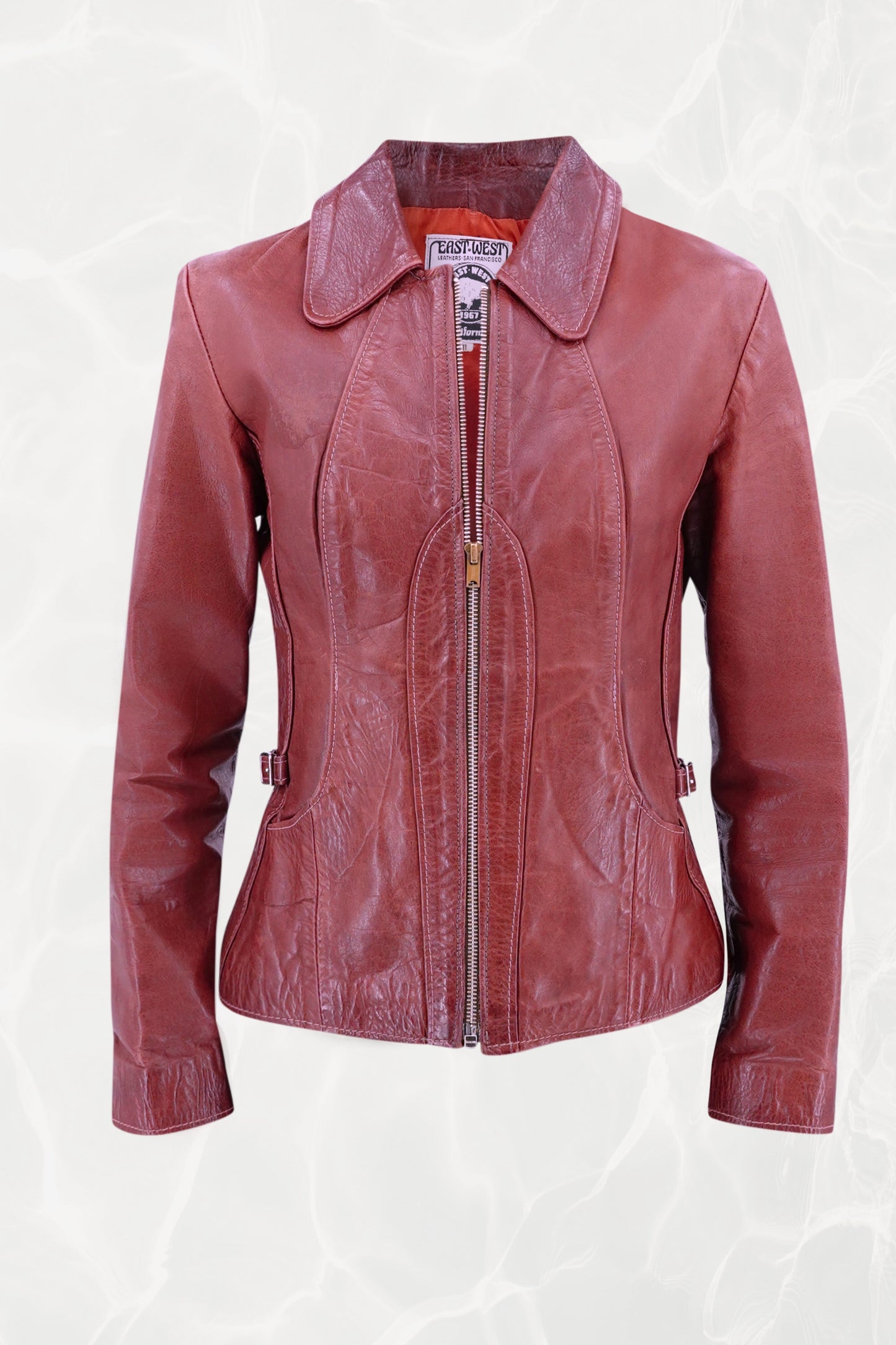 East West Musical Instruments 1970s burgundy leather jacket, front view — Disco Palma