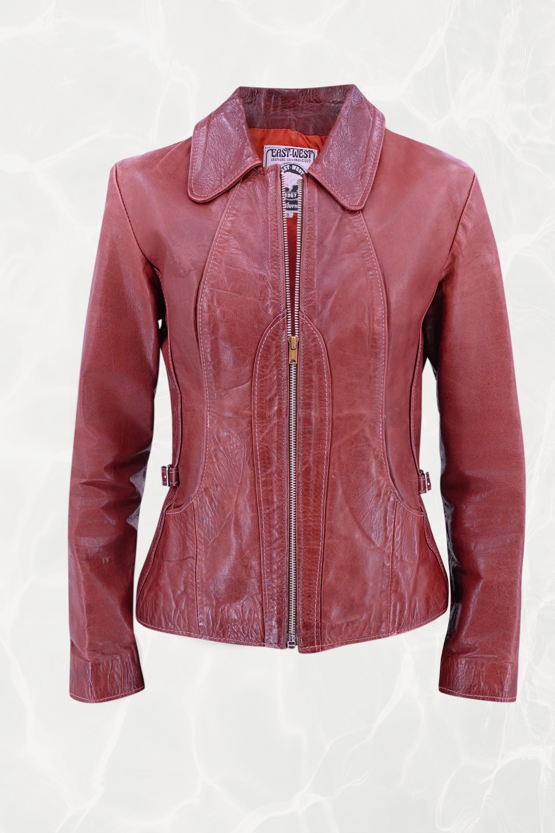 East West Musical Instruments 1970s burgundy leather jacket, front view — Disco Palma