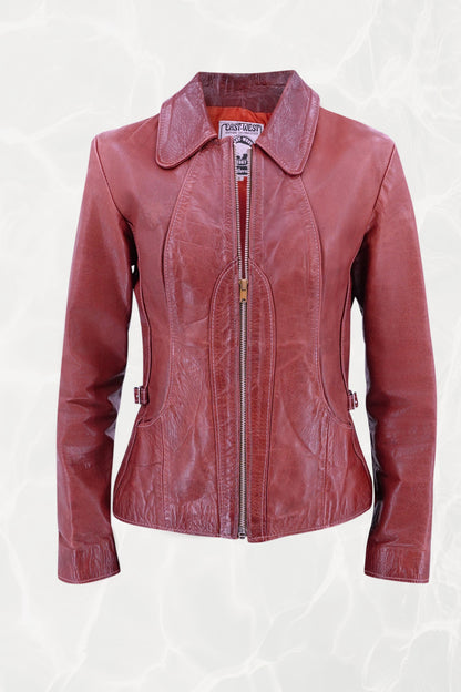 East West Musical Instruments 1970s burgundy leather jacket, front view — Disco Palma