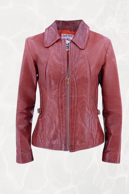 East West Musical Instruments 1970s burgundy leather jacket, front view — Disco Palma