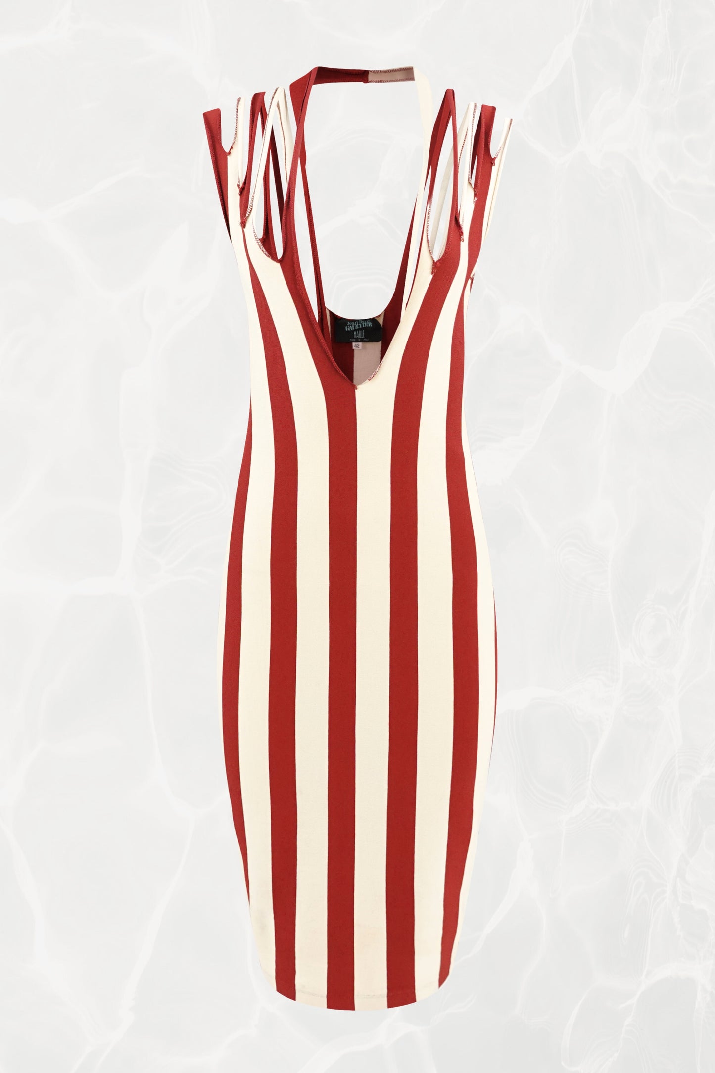 Jean Paul Gaultier Maille 1990s red and cream stripe bodycon midi dress, front view — Disco Palma