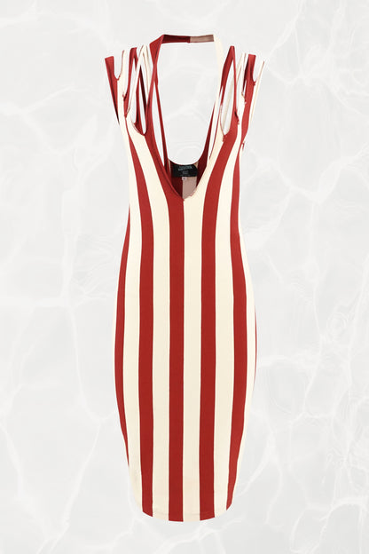 Jean Paul Gaultier Maille 1990s red and cream stripe bodycon midi dress, front view — Disco Palma