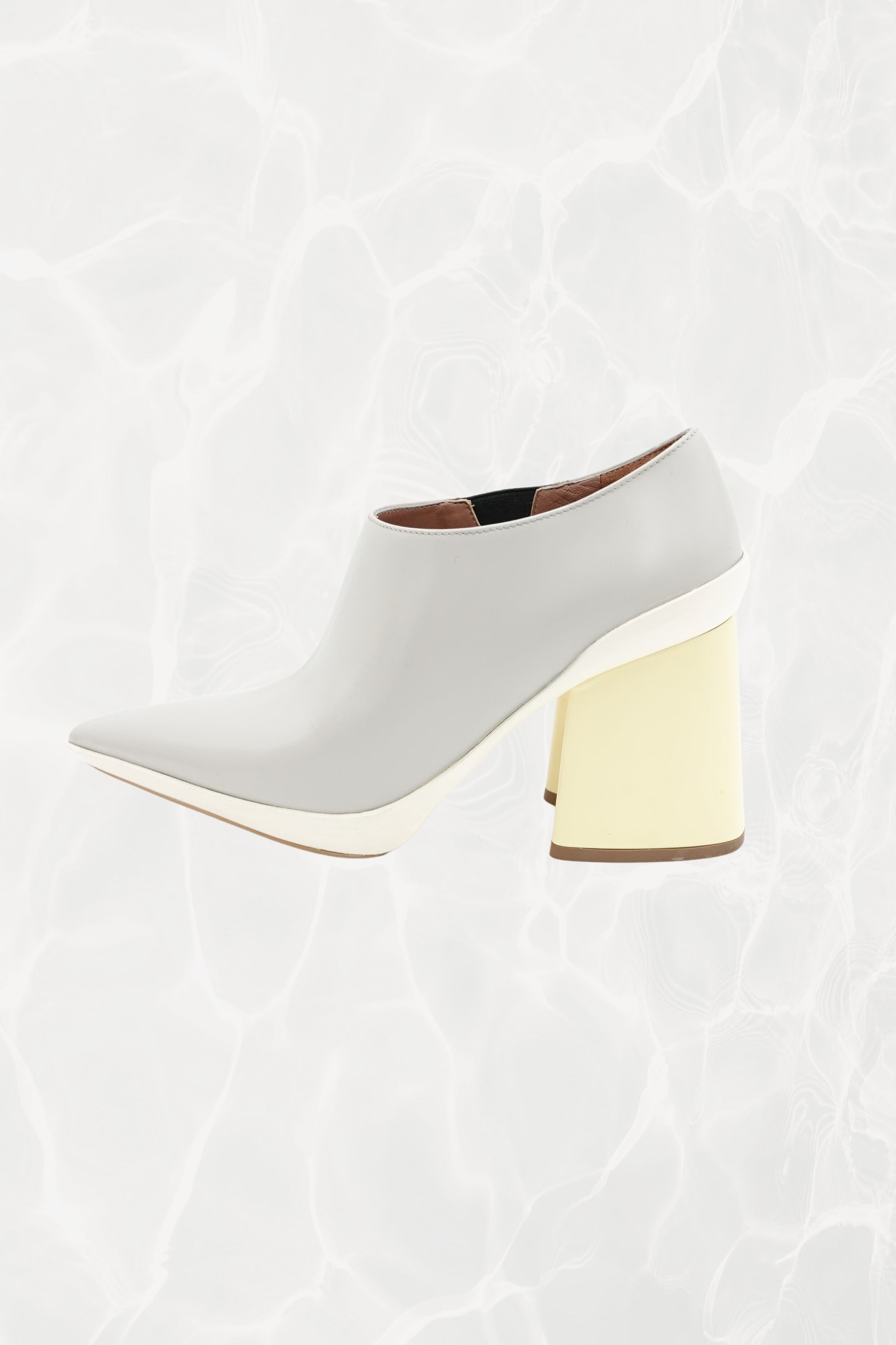 Spring 2017 Color-Block Grey Leather Pointed Pump, Yellow Block Heel