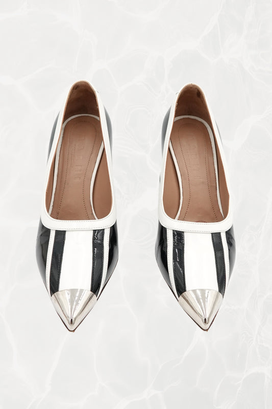 Black and White Stripe Patent Leather Pump, Chrome Block Heel