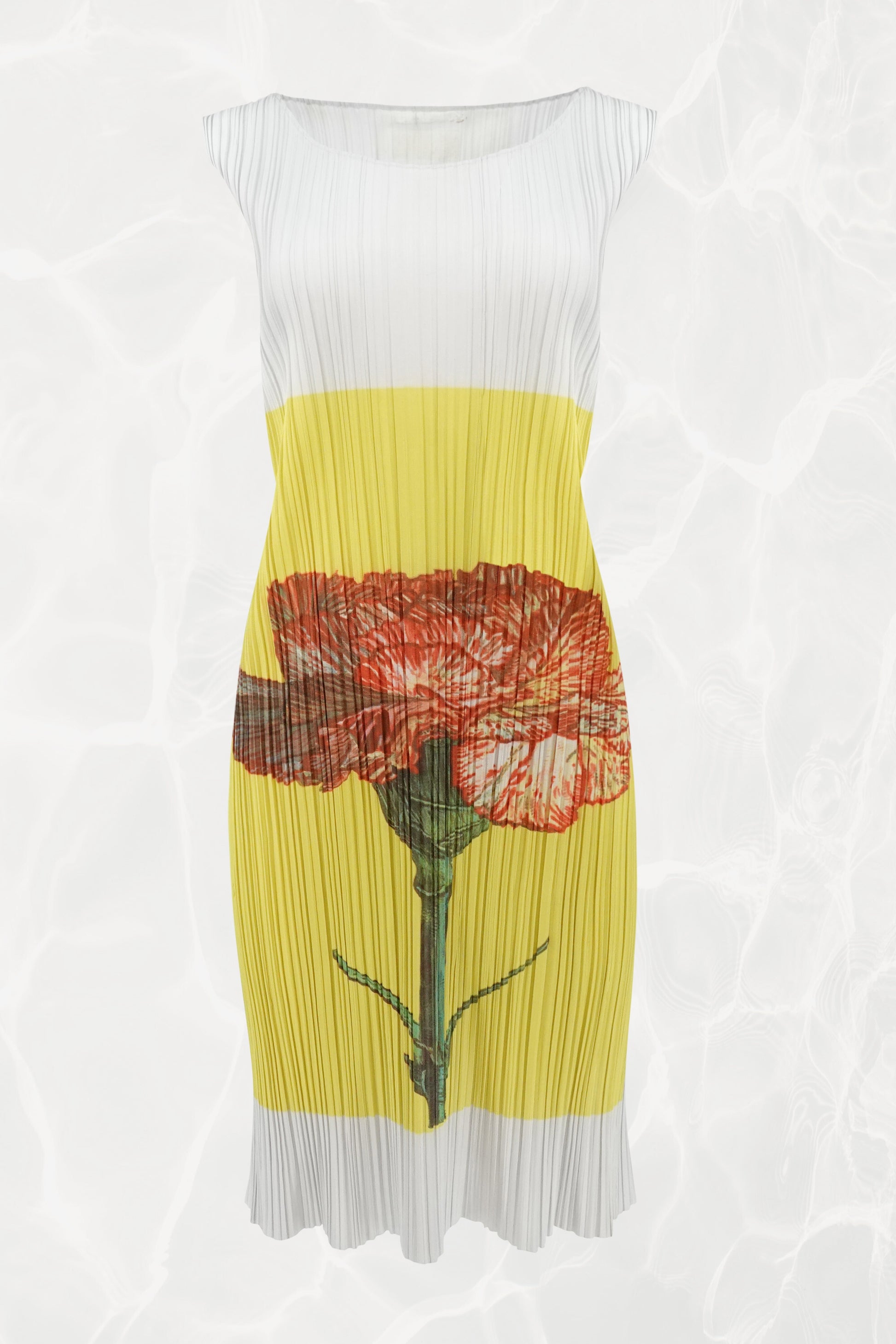 Pleats Please Issey Miyake x Mimi Yokoo carnation print dress front view: white pleated sleeveless top with yellow band and engineered red carnation botanical print with green stem, c. 2000