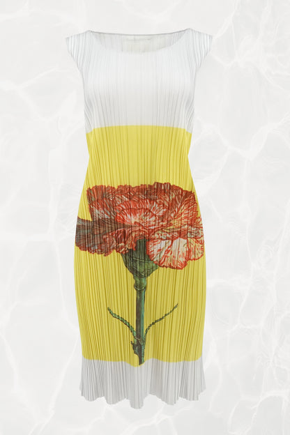 Pleats Please Issey Miyake x Mimi Yokoo carnation print dress front view: white pleated sleeveless top with yellow band and engineered red carnation botanical print with green stem, c. 2000