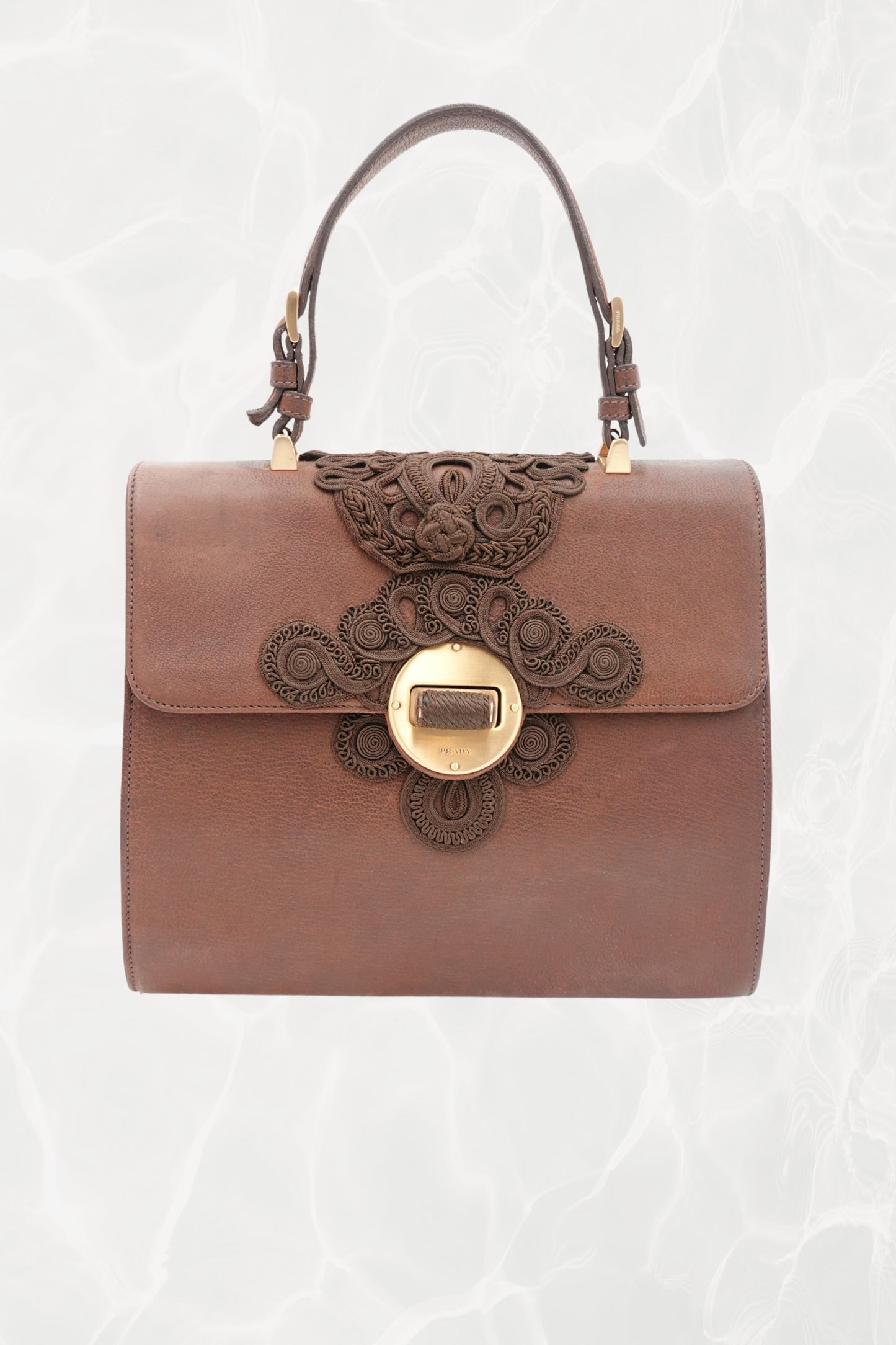 Vintage 1990s Prada Antic Passamane brown goat leather top handle bag - front view