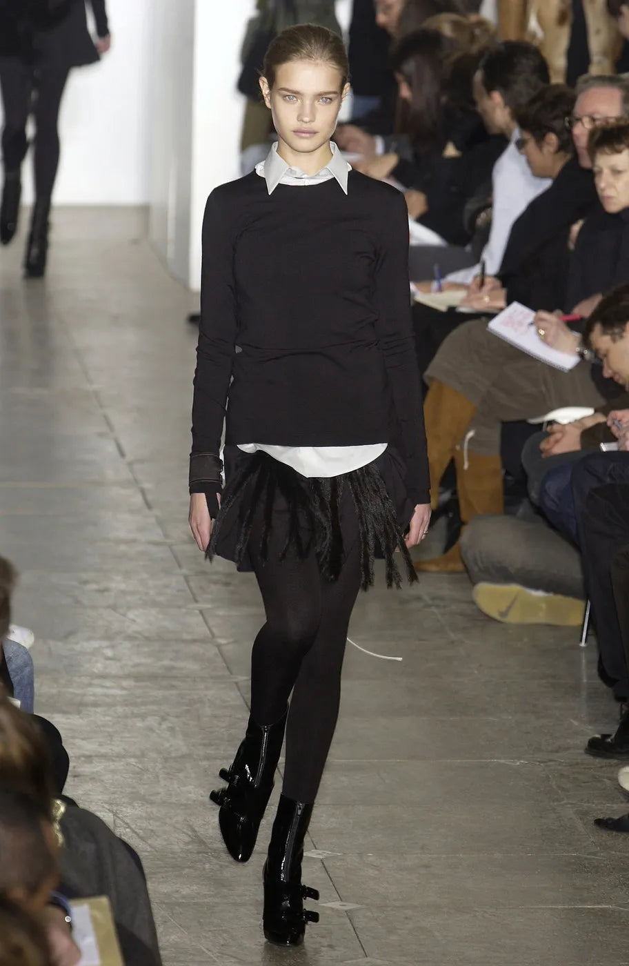 AW03 Black & Navy Fringe Goat Fur Mini Skirt with Bondage Straps