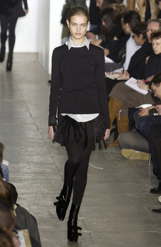 AW03 Black & Navy Fringe Goat Fur Mini Skirt with Bondage Straps