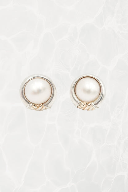 Vintage Mixed Metal Silver & Gold Mabe Pearl Clip Earrings 90s