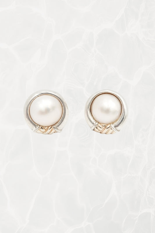 Vintage Mixed Metal Silver & Gold Mabe Pearl Clip Earrings 90s