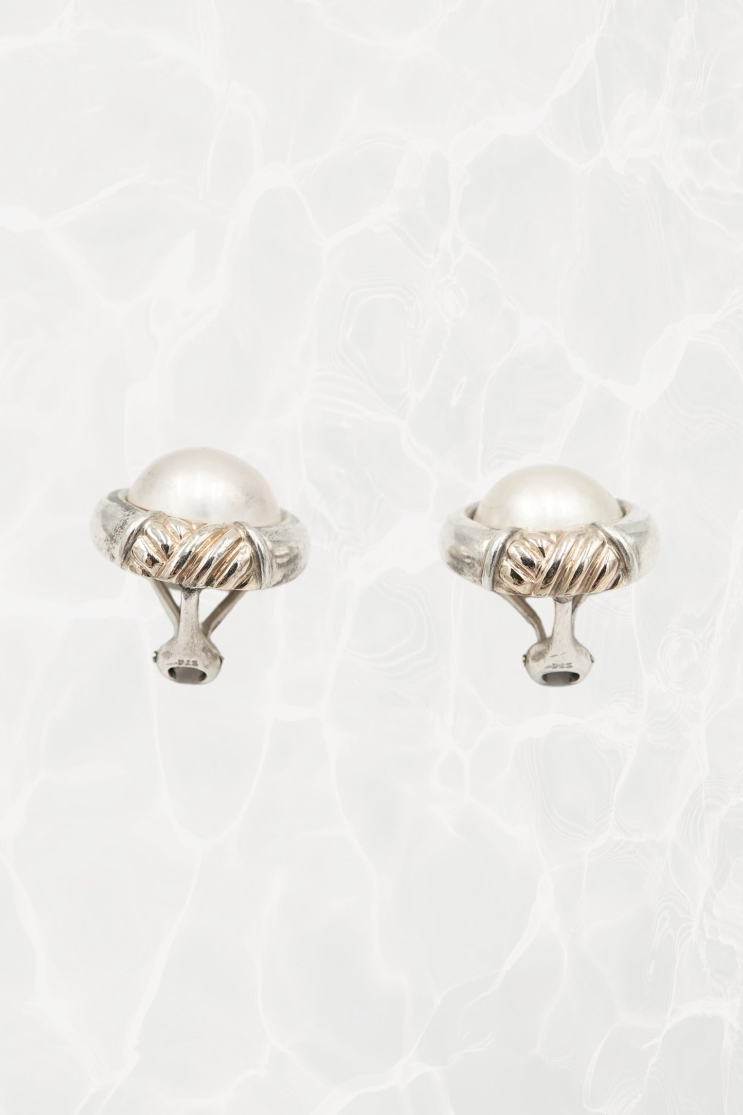 Vintage Mixed Metal Silver & Gold Mabe Pearl Clip Earrings 90s