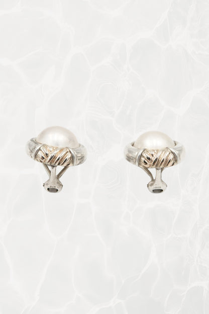 Vintage Mixed Metal Silver & Gold Mabe Pearl Clip Earrings 90s