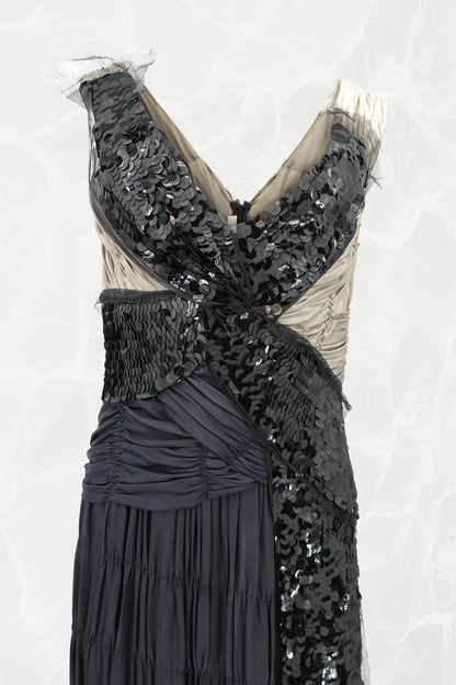SS04 Asymmetric Silk  Navy Evening Gown with Sequin Wrap Panel
