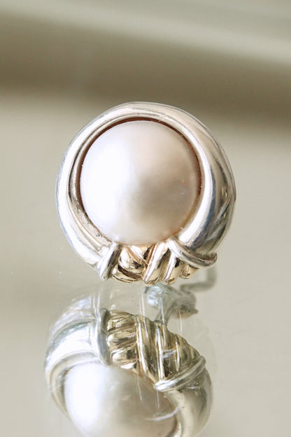 Vintage Mixed Metal Silver & Gold Mabe Pearl Clip Earrings 90s