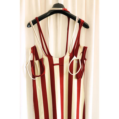 1990s Maille Red and Cream Stripe Multi-Strap Bodycon Knit Midi Dress