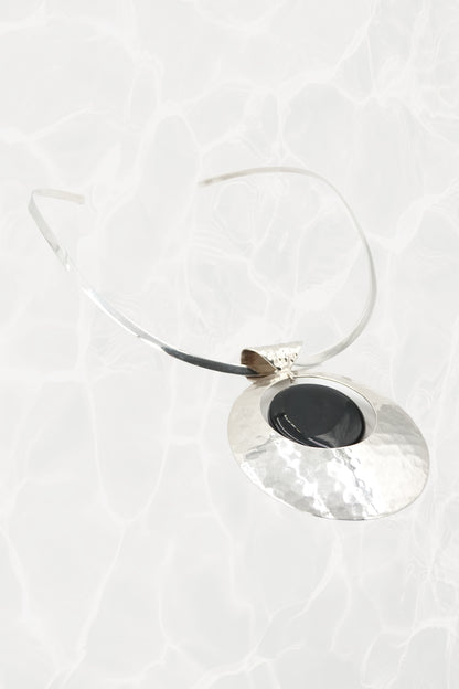 SilverSue sterling silver neck cuff with pendant, angled view