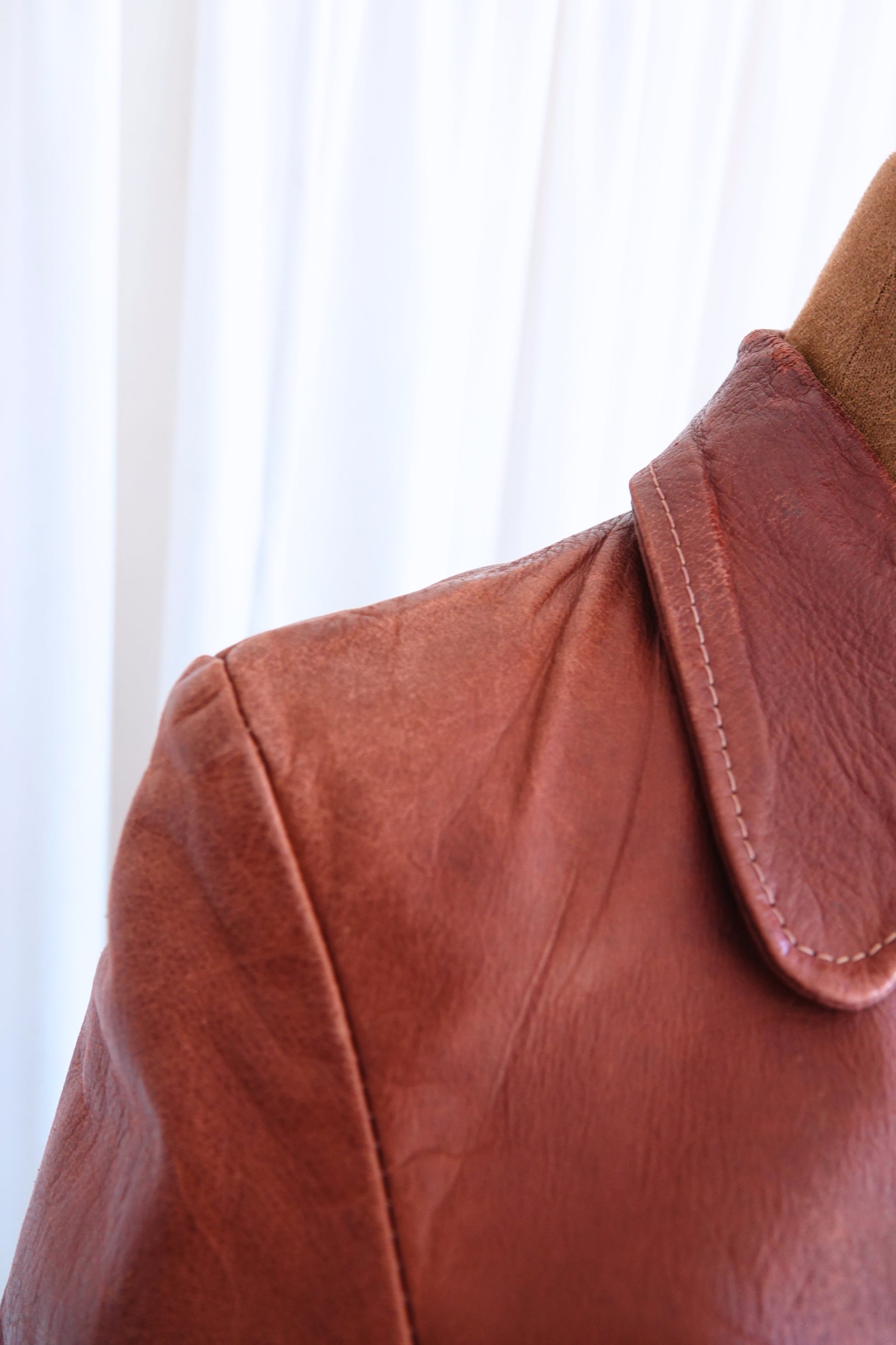 East West Musical Instruments 1970s burgundy leather jacket, interior lining detail — Disco Palma