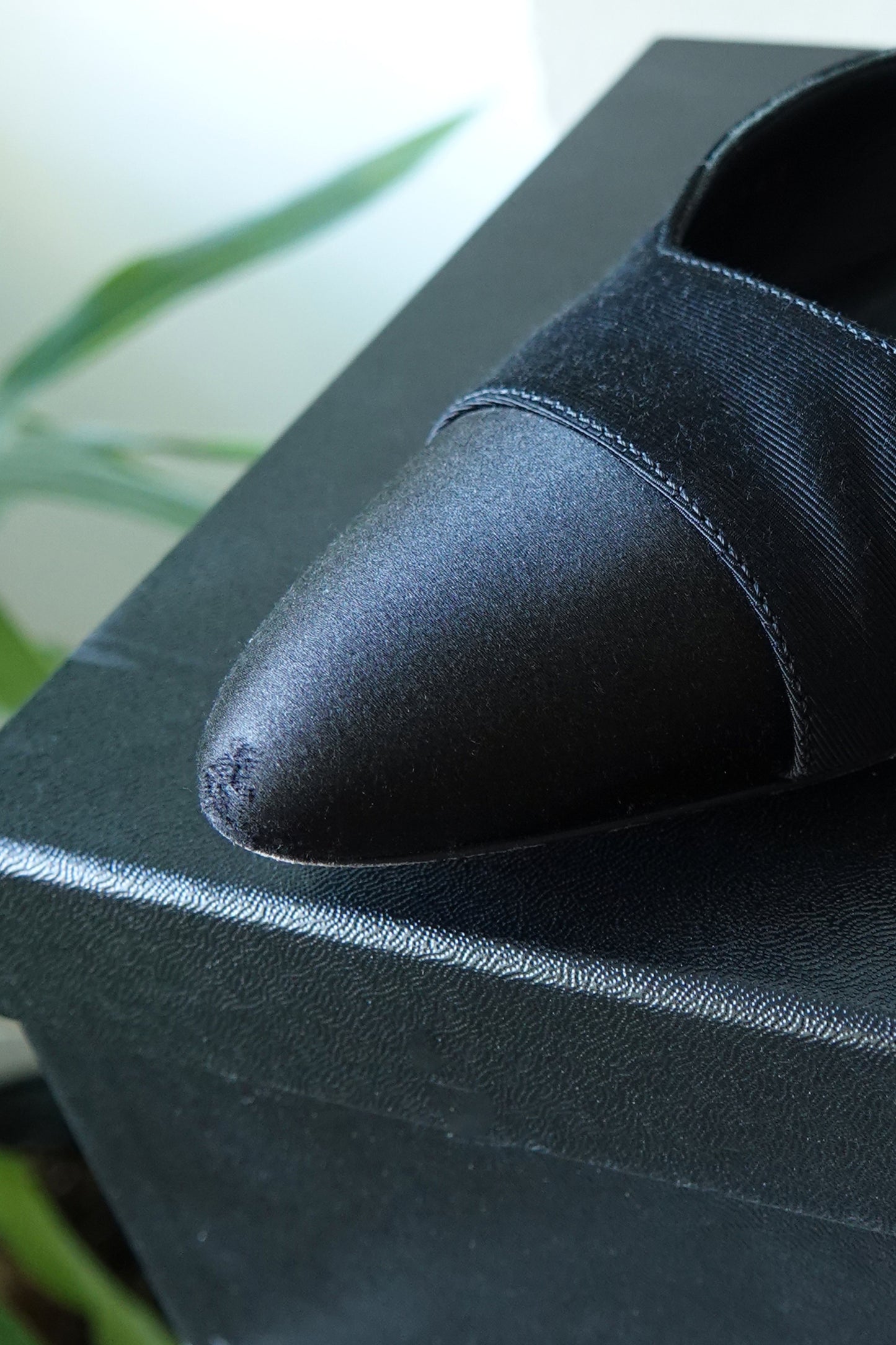 Condition detail — satin toe cap scuffing, Chanel grosgrain satin bow slingback flats