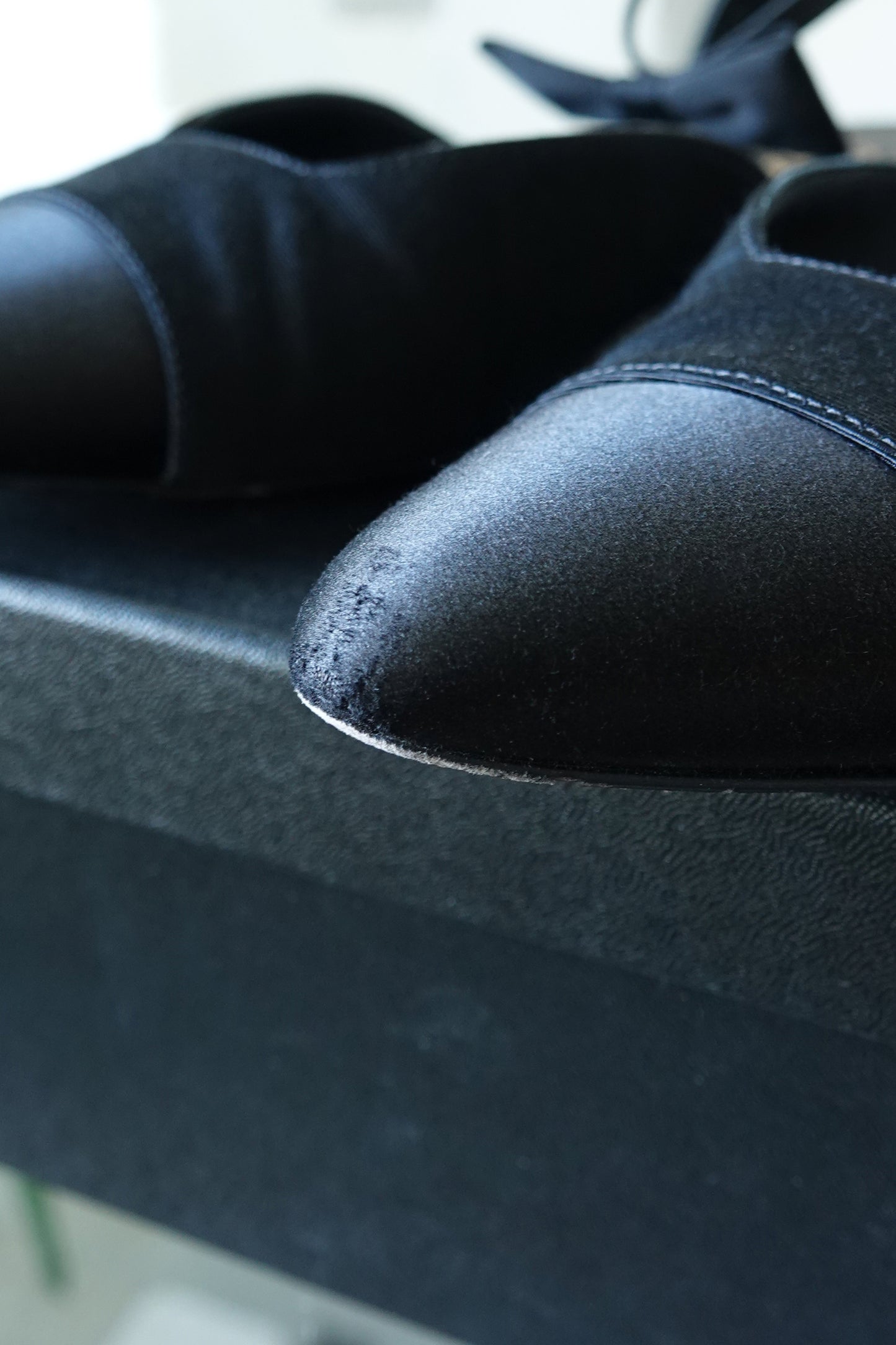 Condition detail — satin toe cap scuffing, Chanel grosgrain satin bow slingback flats