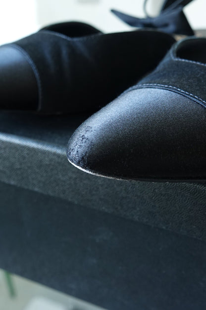 Condition detail — satin toe cap scuffing, Chanel grosgrain satin bow slingback flats