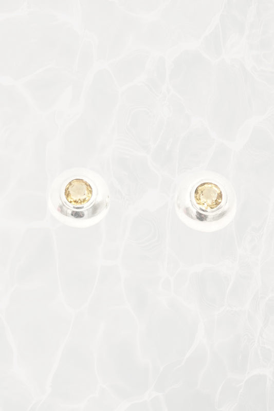 Vintage Minimalist Sterling Silver Citrine Stud Earrings Bezel Set Dome Circa 90s - 00s