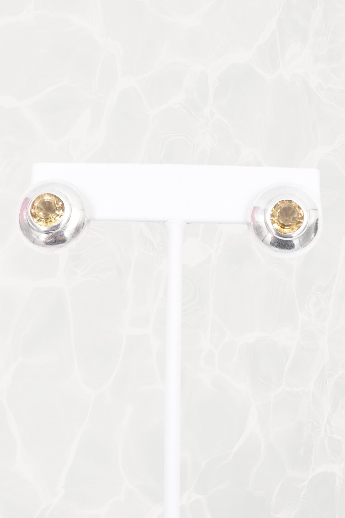 Vintage Minimalist Sterling Silver Citrine Stud Earrings Bezel Set Dome Circa 90s - 00s