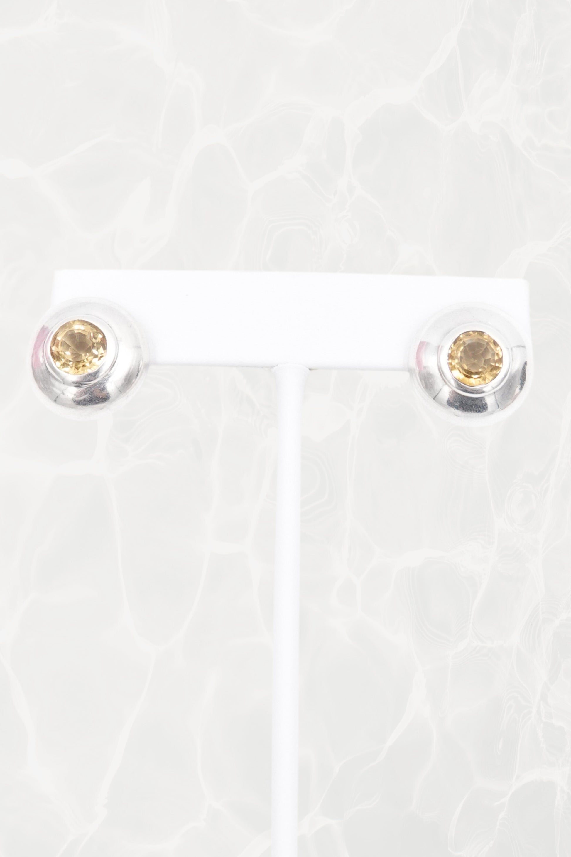 Vintage Minimalist Sterling Silver Citrine Stud Earrings Bezel Set Dome Circa 90s - 00s