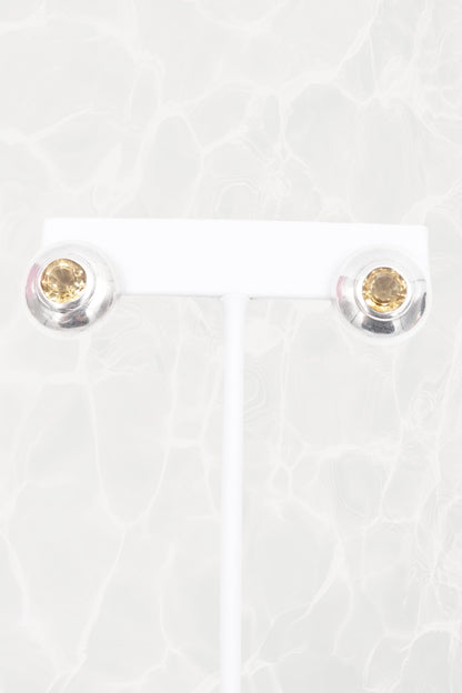 Vintage Minimalist Sterling Silver Citrine Stud Earrings Bezel Set Dome Circa 90s - 00s