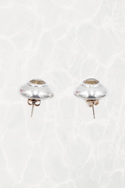 Vintage Minimalist Sterling Silver Citrine Stud Earrings Bezel Set Dome Circa 90s - 00s