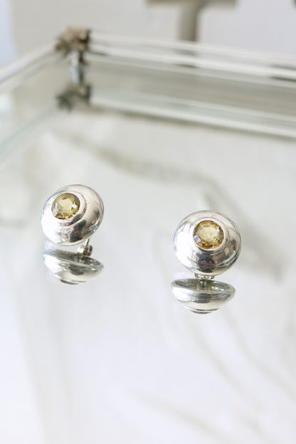 Vintage Minimalist Sterling Silver Citrine Stud Earrings Bezel Set Dome Circa 90s - 00s