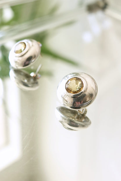 Vintage Minimalist Sterling Silver Citrine Stud Earrings Bezel Set Dome Circa 90s - 00s