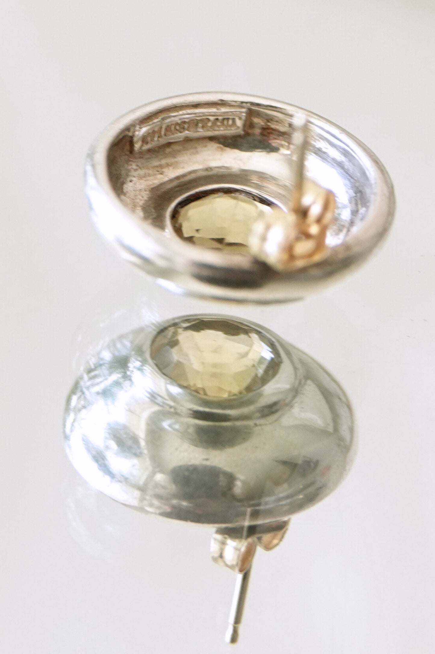 Vintage Minimalist Sterling Silver Citrine Stud Earrings Bezel Set Dome Circa 90s - 00s