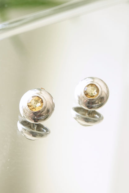 Vintage Minimalist Sterling Silver Citrine Stud Earrings Bezel Set Dome Circa 90s - 00s