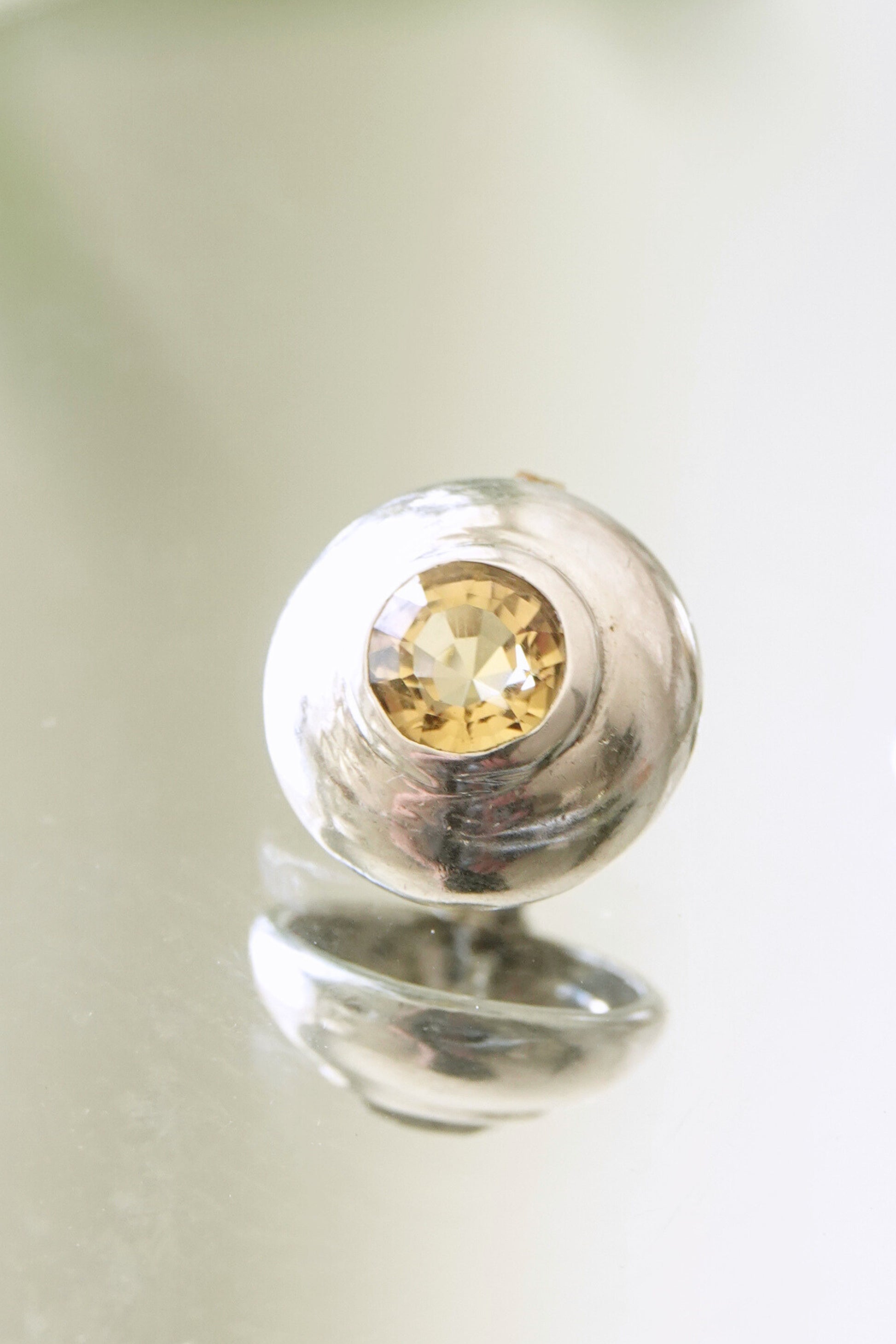 Vintage Minimalist Sterling Silver Citrine Stud Earrings Bezel Set Dome Circa 90s - 00s