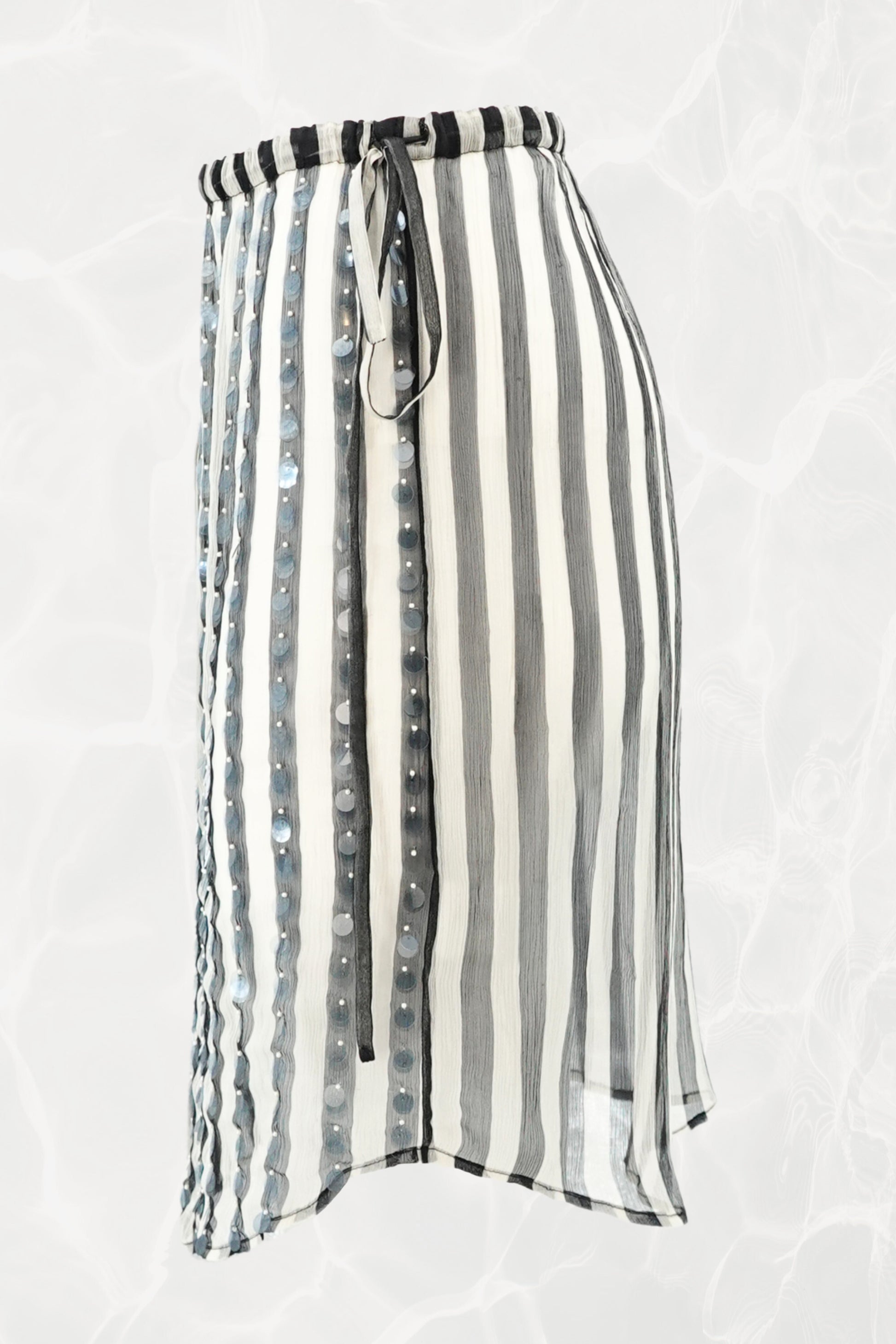 SS24 Silk Chiffon Sequin Stripe Button-Front Drawstring Skirt