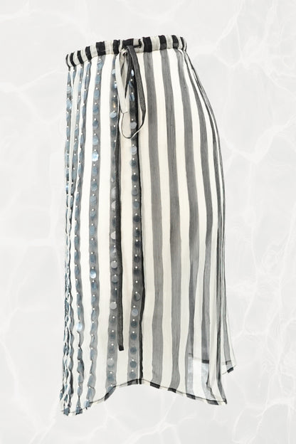 SS24 Silk Chiffon Sequin Stripe Button-Front Drawstring Skirt