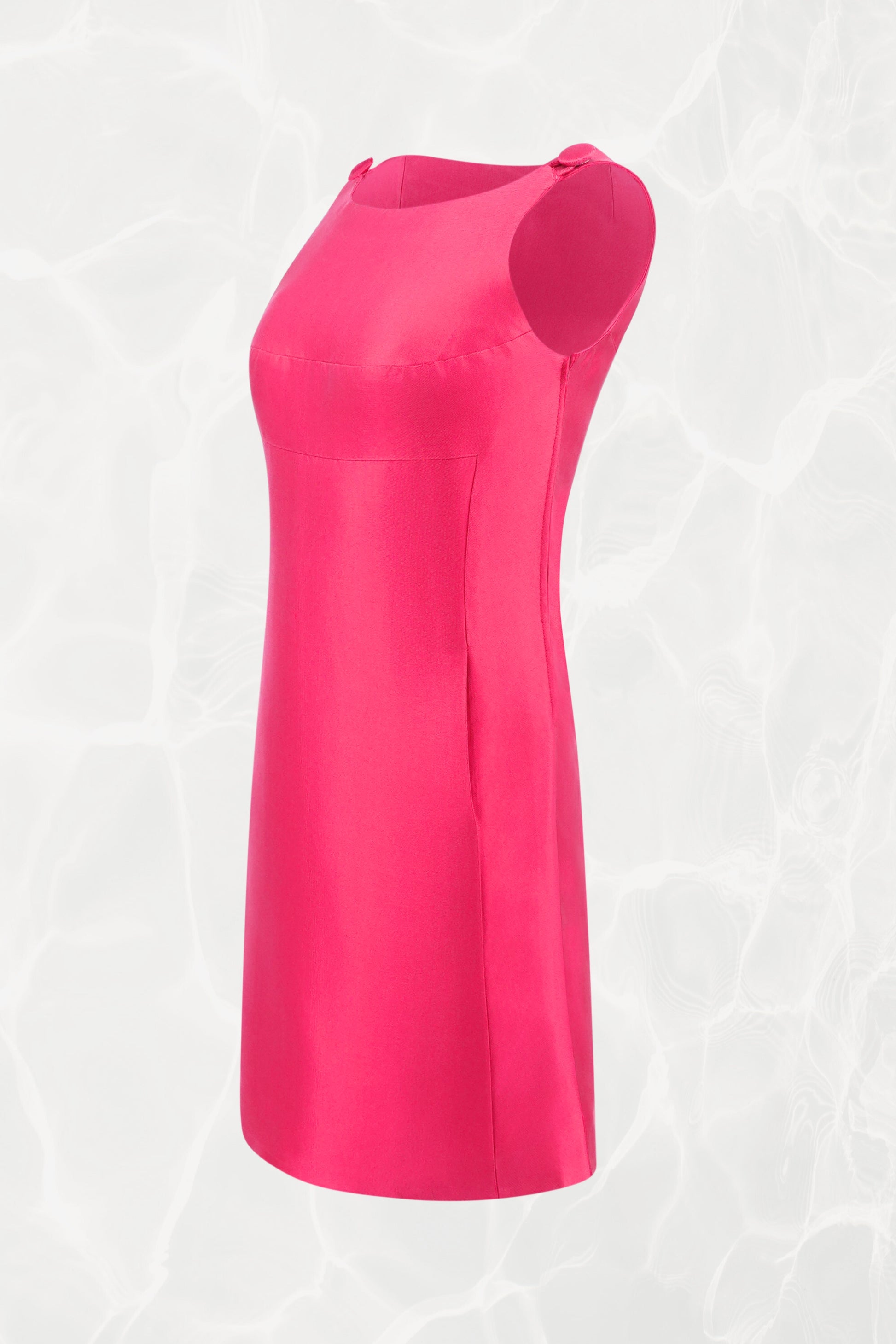 Vintage 1960s Fuchsia Shift Mini Dress, Covered Buttons and Asymmetric Hem