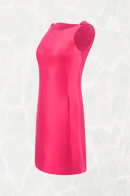 Vintage 1960s Fuchsia Shift Mini Dress, Covered Buttons and Asymmetric Hem