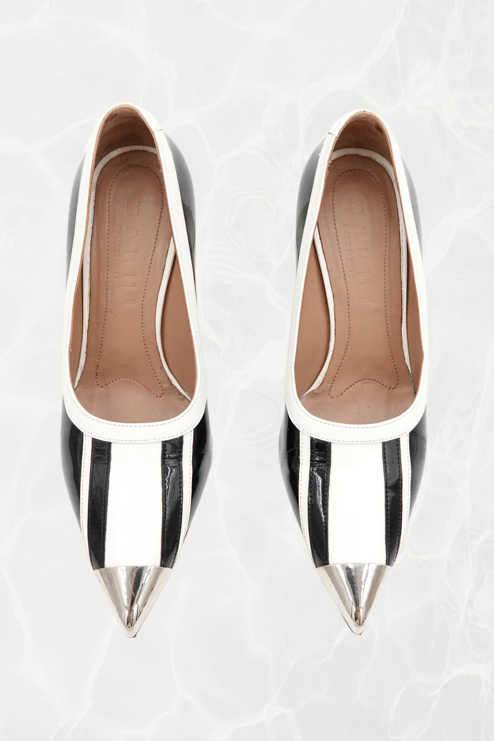 Black and White Stripe Patent Leather Pump, Chrome Block Heel