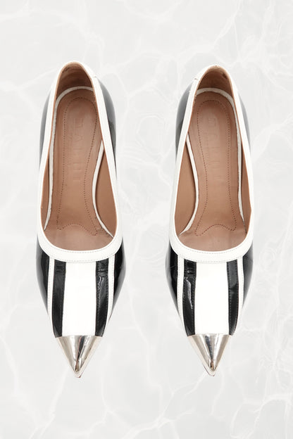 Black and White Stripe Patent Leather Pump, Chrome Block Heel