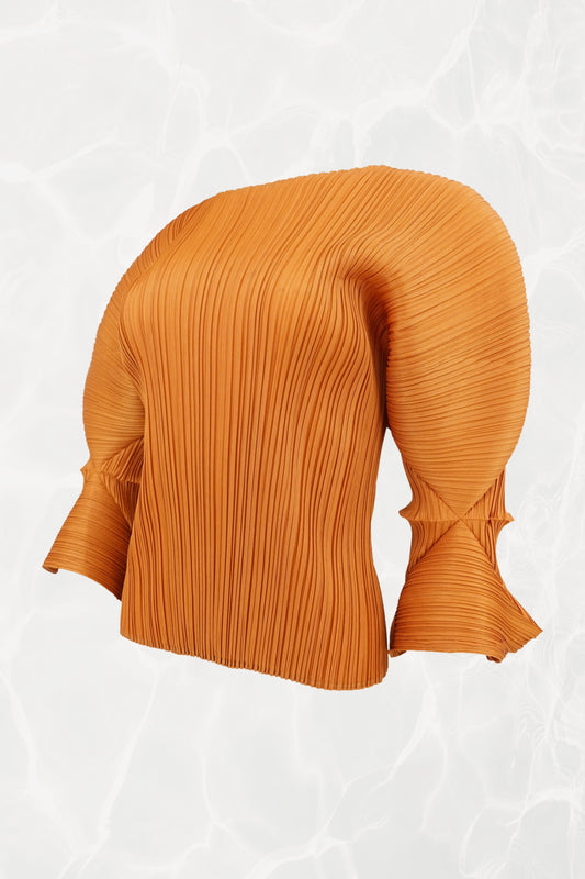 Issey Miyake Pleats Please marigold top, back view — Disco Palma