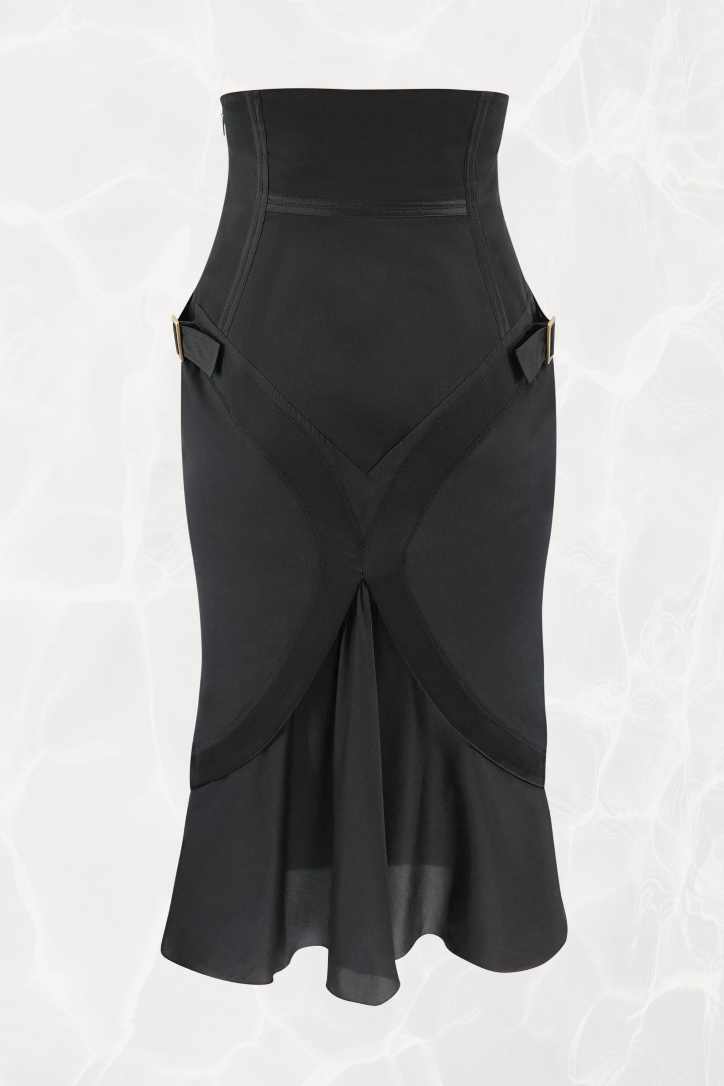 Tom Ford for Gucci FW03 black silk skirt alternate view: crossover wrap-front hem detail, gold-tone hardware side strap buckles, flared bias-cut hem with soft release, Fall 2003