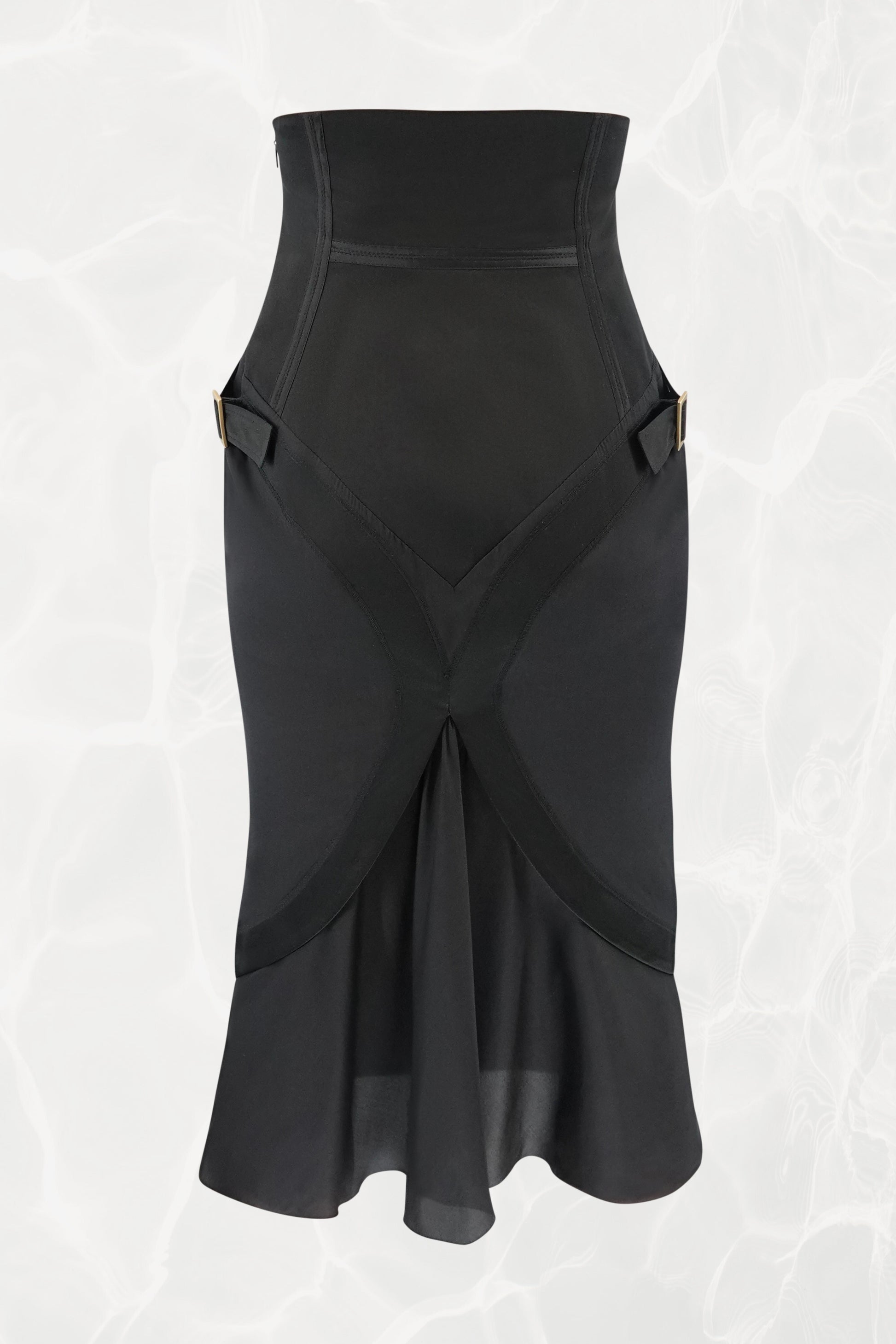 Tom Ford for Gucci FW03 black silk skirt alternate view: crossover wrap-front hem detail, gold-tone hardware side strap buckles, flared bias-cut hem with soft release, Fall 2003